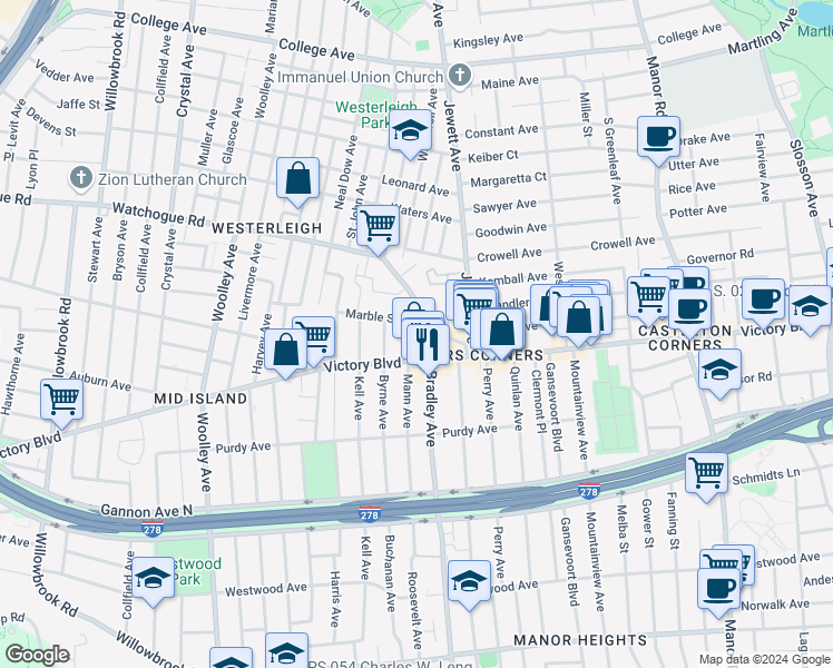 map of restaurants, bars, coffee shops, grocery stores, and more near 2081 Victory Boulevard in Staten Island