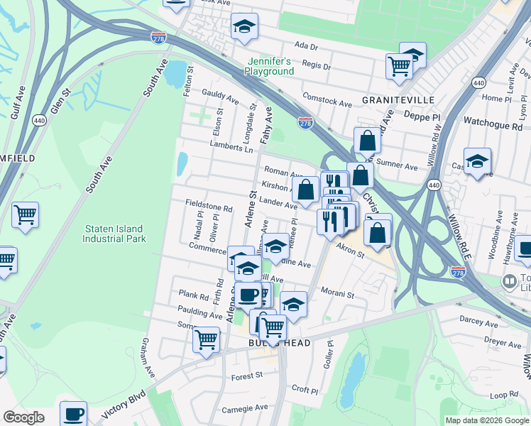 map of restaurants, bars, coffee shops, grocery stores, and more near 290 Hillman Avenue in Staten Island