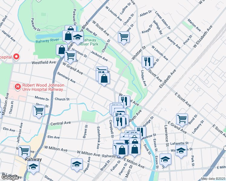 map of restaurants, bars, coffee shops, grocery stores, and more near 1703 Irving Street in Rahway