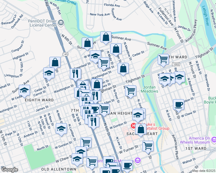 map of restaurants, bars, coffee shops, grocery stores, and more near 632 North 5th Street in Allentown