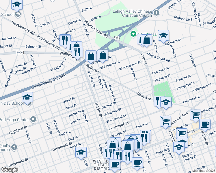 map of restaurants, bars, coffee shops, grocery stores, and more near 1118 North 18th Street in Allentown