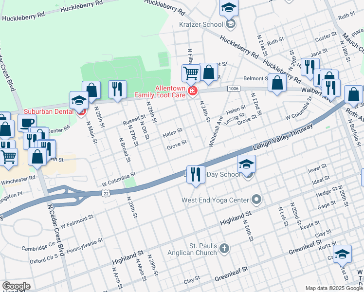map of restaurants, bars, coffee shops, grocery stores, and more near 2537 West Columbia Street in Allentown
