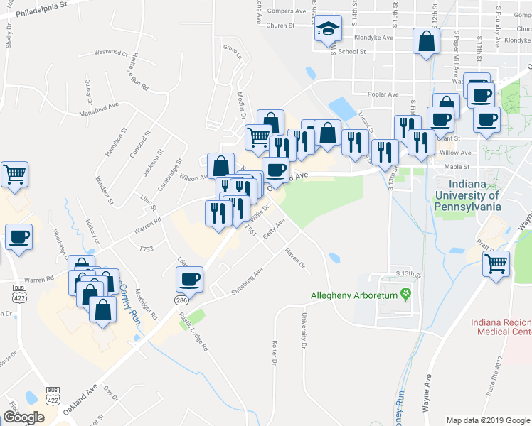map of restaurants, bars, coffee shops, grocery stores, and more near 1649 Getty Avenue in Indiana