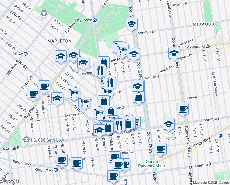 map of restaurants, bars, coffee shops, grocery stores, and more near 1523 East 2nd Street in Brooklyn