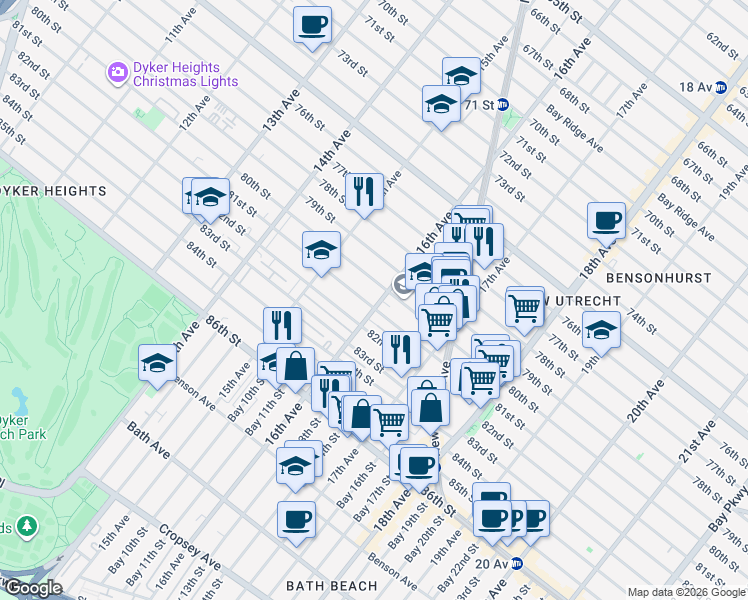 map of restaurants, bars, coffee shops, grocery stores, and more near 1616 81st Street in Brooklyn