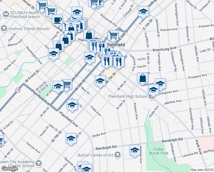 map of restaurants, bars, coffee shops, grocery stores, and more near in Plainfield