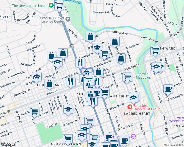 map of restaurants, bars, coffee shops, grocery stores, and more near 629 James Street in Allentown