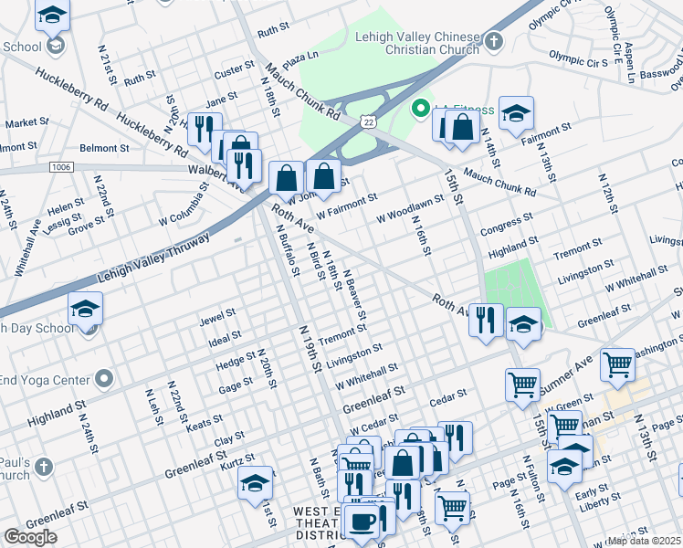 map of restaurants, bars, coffee shops, grocery stores, and more near 1118 North 18th Street in Allentown
