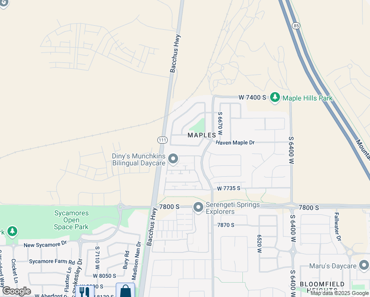 map of restaurants, bars, coffee shops, grocery stores, and more near 6789 Valley Maple Drive in West Jordan