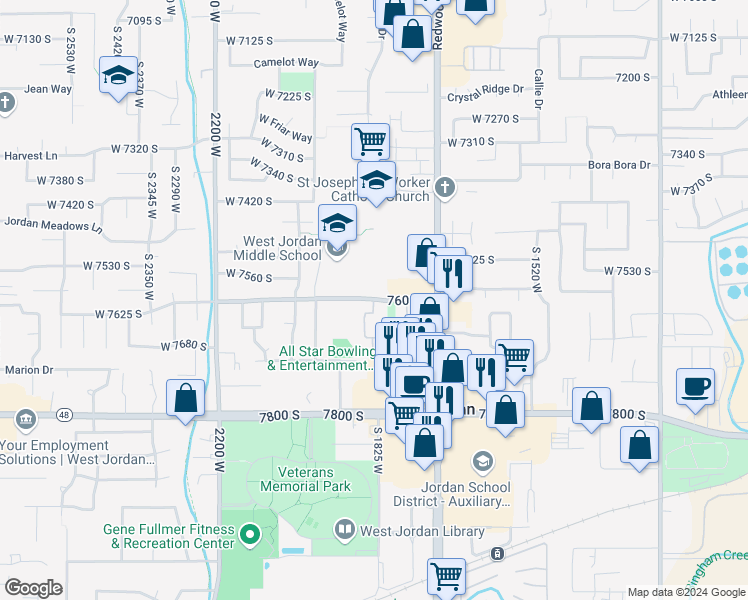 map of restaurants, bars, coffee shops, grocery stores, and more near 1801 7600 South in West Jordan