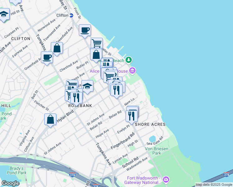 map of restaurants, bars, coffee shops, grocery stores, and more near 1256 Bay Street in Staten Island