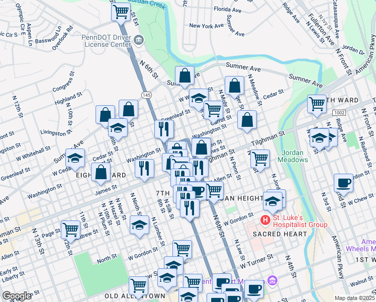 map of restaurants, bars, coffee shops, grocery stores, and more near 629 James Street in Allentown