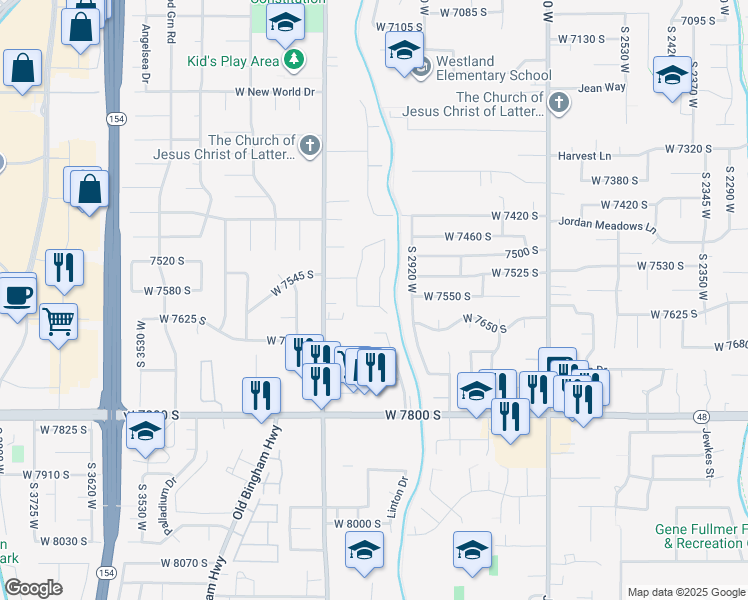 map of restaurants, bars, coffee shops, grocery stores, and more near 7604 South Autumn Drive in West Jordan