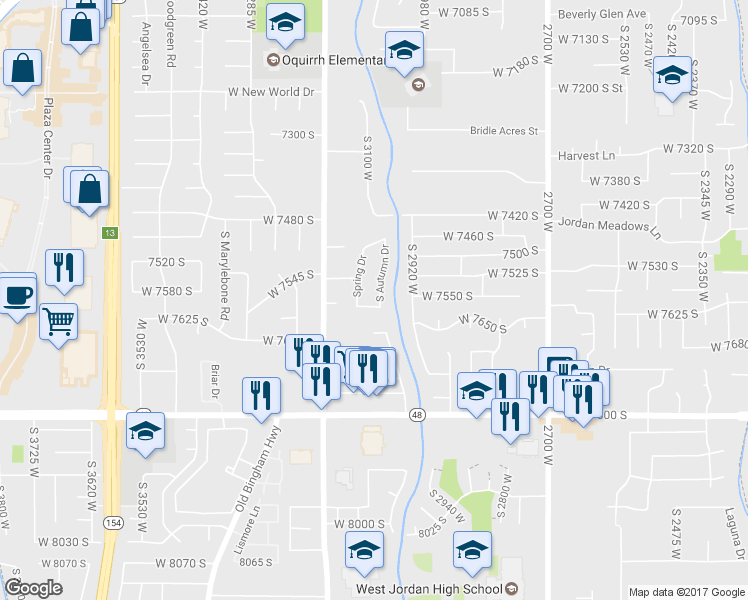 map of restaurants, bars, coffee shops, grocery stores, and more near 7604 South Autumn Drive in West Jordan