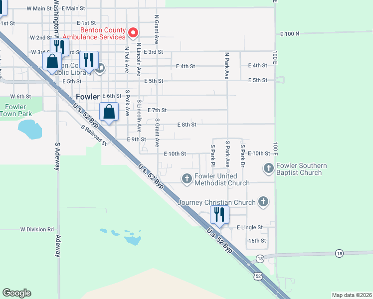 map of restaurants, bars, coffee shops, grocery stores, and more near 909 East 10th Street in Fowler