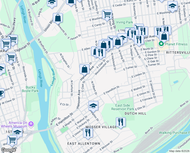 map of restaurants, bars, coffee shops, grocery stores, and more near 635 Westminster Street in Allentown