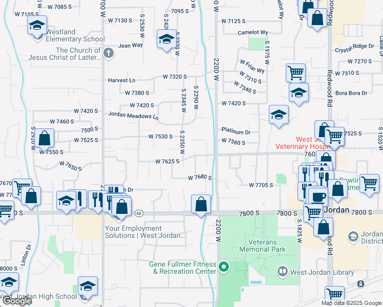 map of restaurants, bars, coffee shops, grocery stores, and more near 7598 South 2290 West in West Jordan