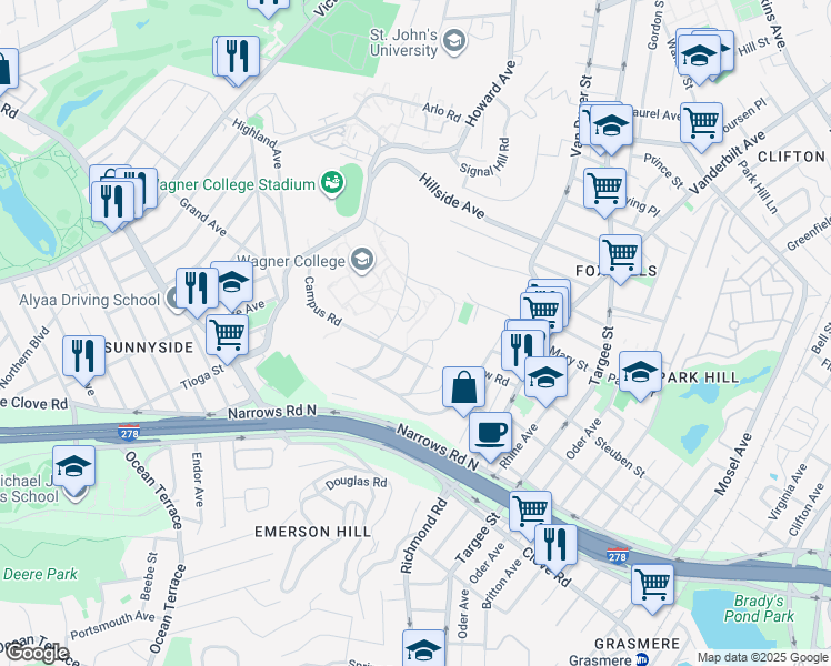 map of restaurants, bars, coffee shops, grocery stores, and more near 1 Campus Road in Staten Island