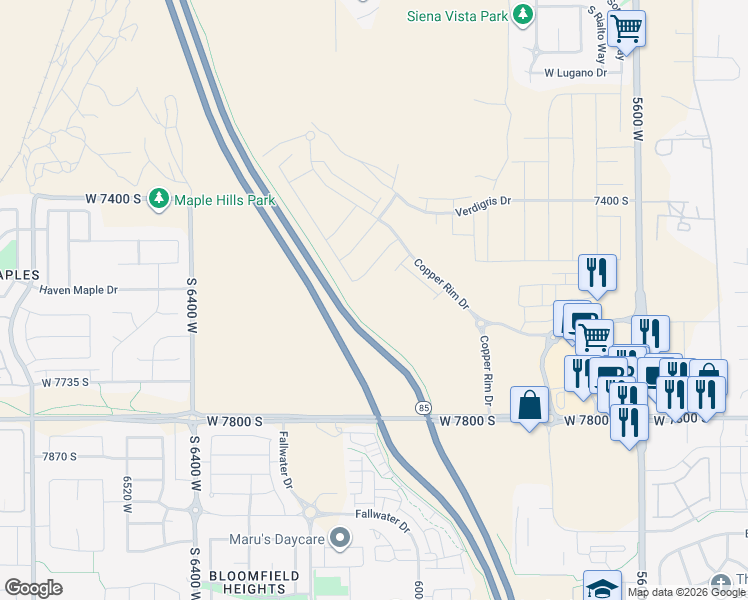 map of restaurants, bars, coffee shops, grocery stores, and more near 6053 West Sapphire Street in West Jordan