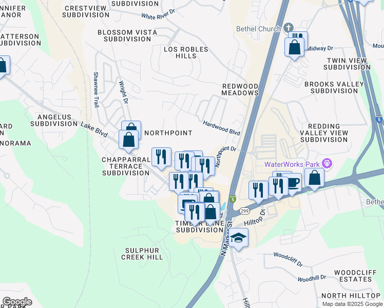 map of restaurants, bars, coffee shops, grocery stores, and more near 4200 Baywood Drive in Redding