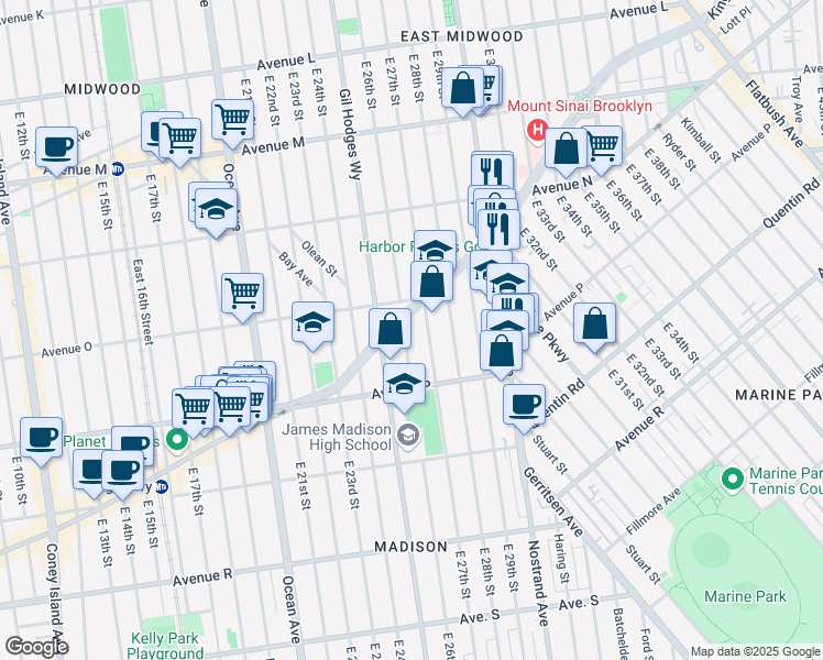 map of restaurants, bars, coffee shops, grocery stores, and more near 2500-2598 Avenue O in Brooklyn