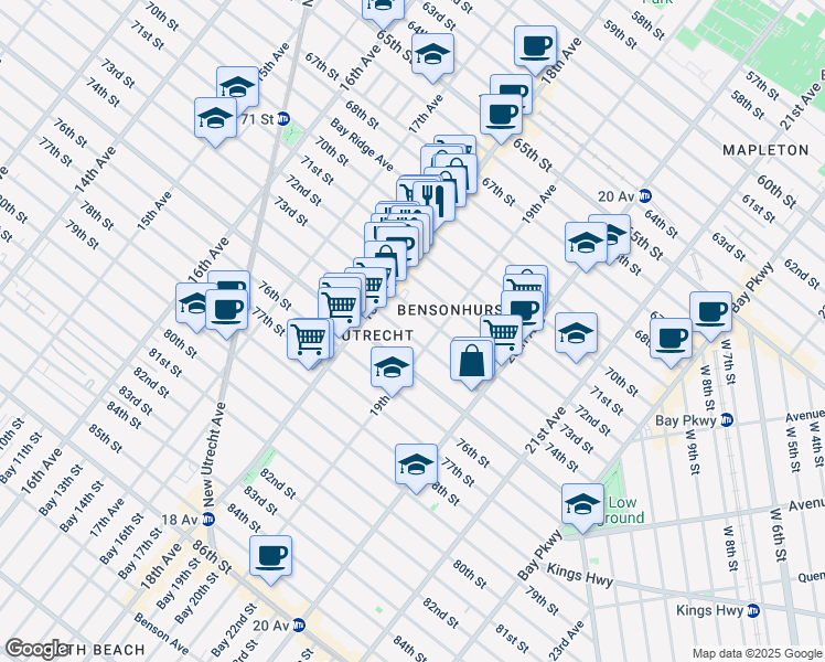 map of restaurants, bars, coffee shops, grocery stores, and more near 1845 73rd Street in Brooklyn
