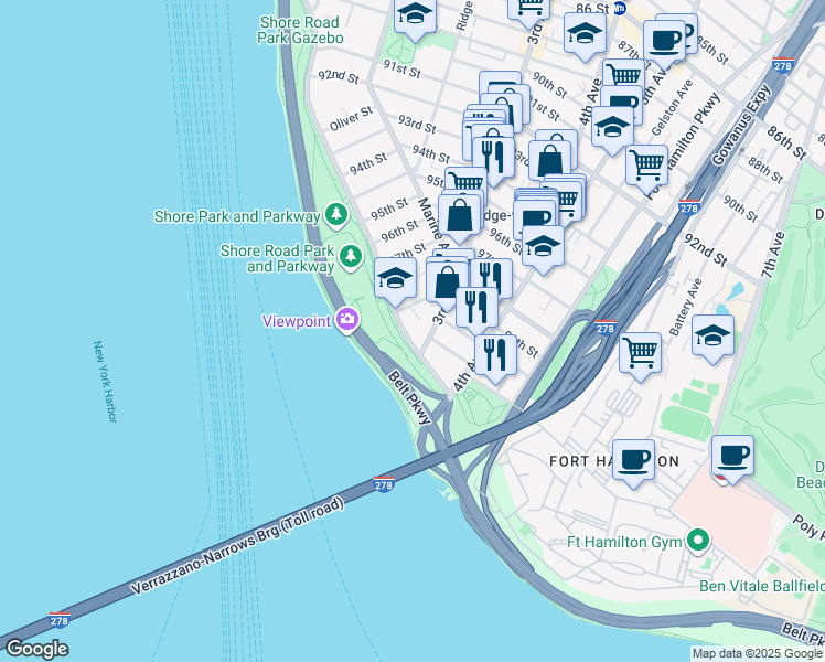 map of restaurants, bars, coffee shops, grocery stores, and more near 101 99th Street in Brooklyn