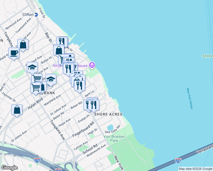 map of restaurants, bars, coffee shops, grocery stores, and more near 57 Waterview Court in Staten Island