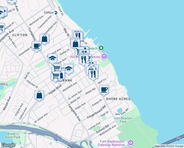 map of restaurants, bars, coffee shops, grocery stores, and more near in Staten Island