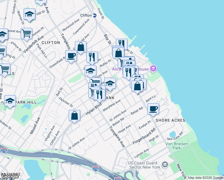 map of restaurants, bars, coffee shops, grocery stores, and more near 144 Clifton Avenue in Staten Island