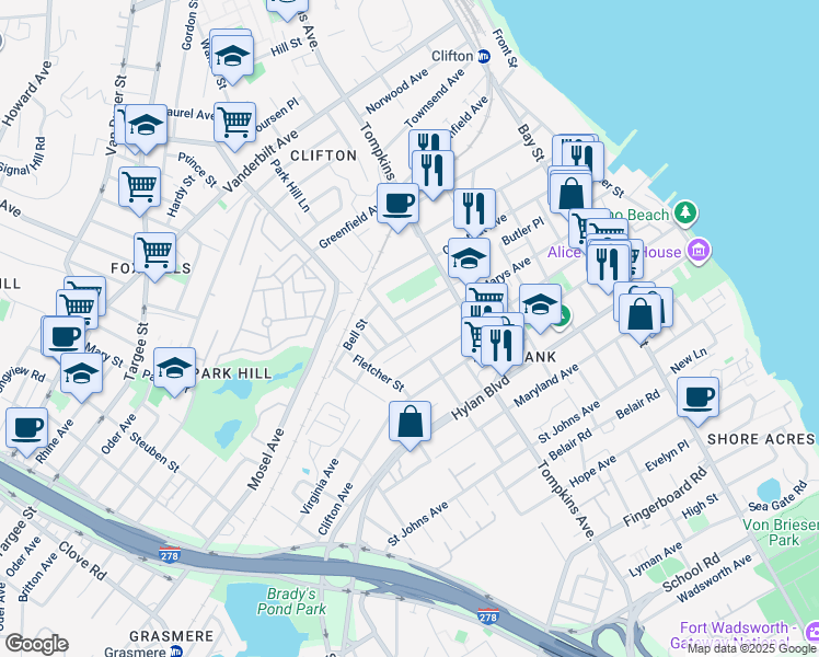 map of restaurants, bars, coffee shops, grocery stores, and more near 30 Shaughnessy Lane in Staten Island