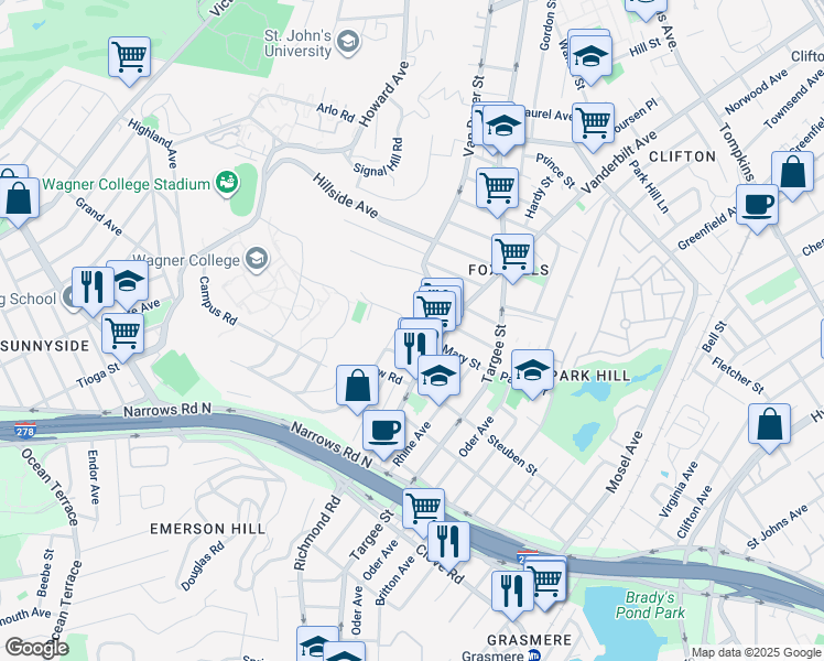 map of restaurants, bars, coffee shops, grocery stores, and more near 1032 Van Duzer Street in Staten Island