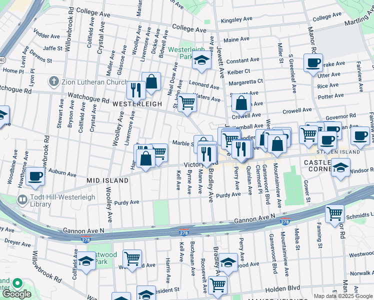 map of restaurants, bars, coffee shops, grocery stores, and more near 59 Marble Street in Staten Island