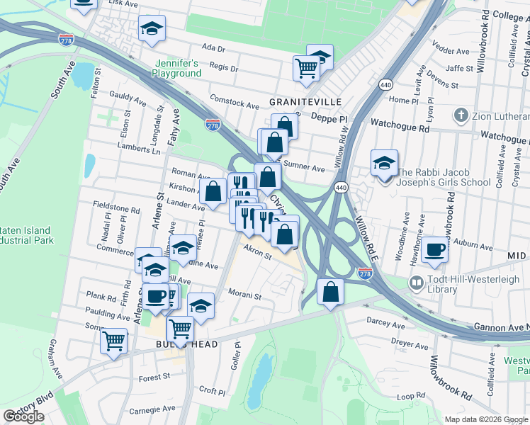 map of restaurants, bars, coffee shops, grocery stores, and more near 1401 Richmond Avenue in Staten Island