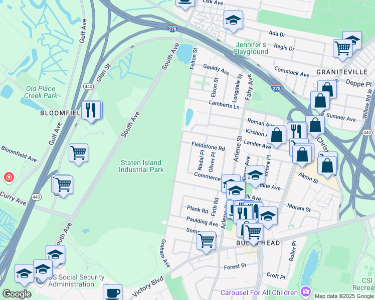 map of restaurants, bars, coffee shops, grocery stores, and more near 3 Fieldstone Road in Staten Island
