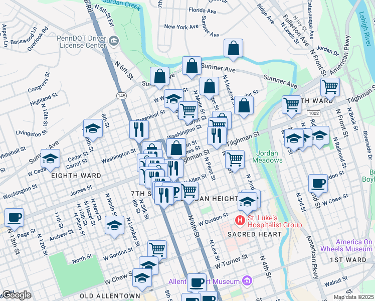 map of restaurants, bars, coffee shops, grocery stores, and more near 737 North 5th Street in Allentown