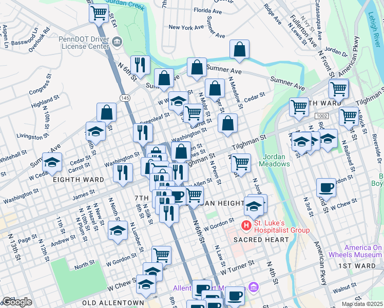 map of restaurants, bars, coffee shops, grocery stores, and more near 737 North 5th Street in Allentown
