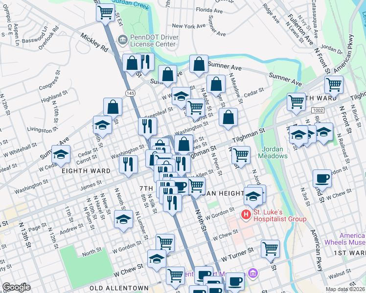 map of restaurants, bars, coffee shops, grocery stores, and more near 522 West Washington Street in Allentown