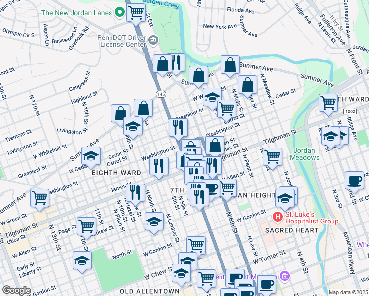 map of restaurants, bars, coffee shops, grocery stores, and more near 817 North 7th Street in Allentown