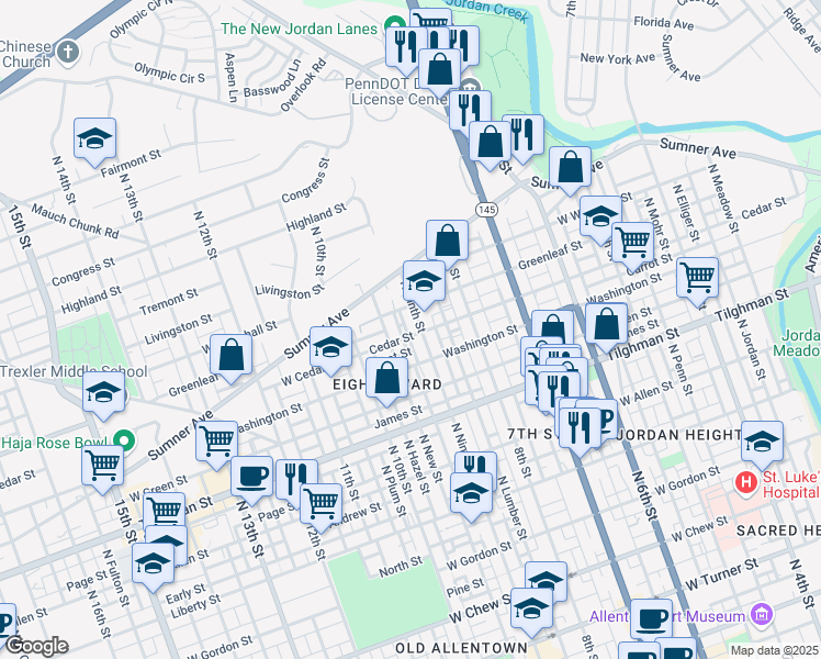 map of restaurants, bars, coffee shops, grocery stores, and more near 849 Greenleaf Street in Allentown