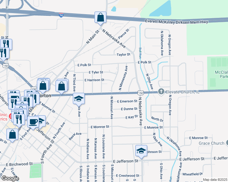 map of restaurants, bars, coffee shops, grocery stores, and more near 409-499 North Missouri Avenue in Morton