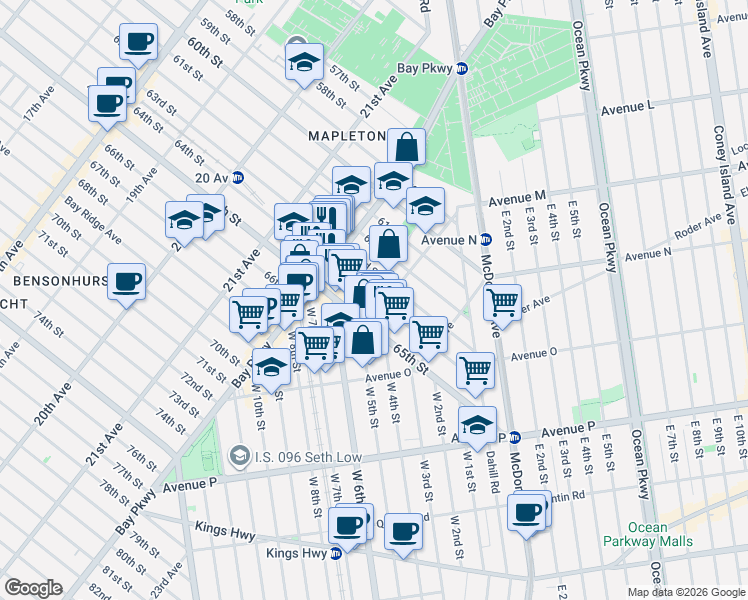 map of restaurants, bars, coffee shops, grocery stores, and more near 2274 64th Street in Brooklyn