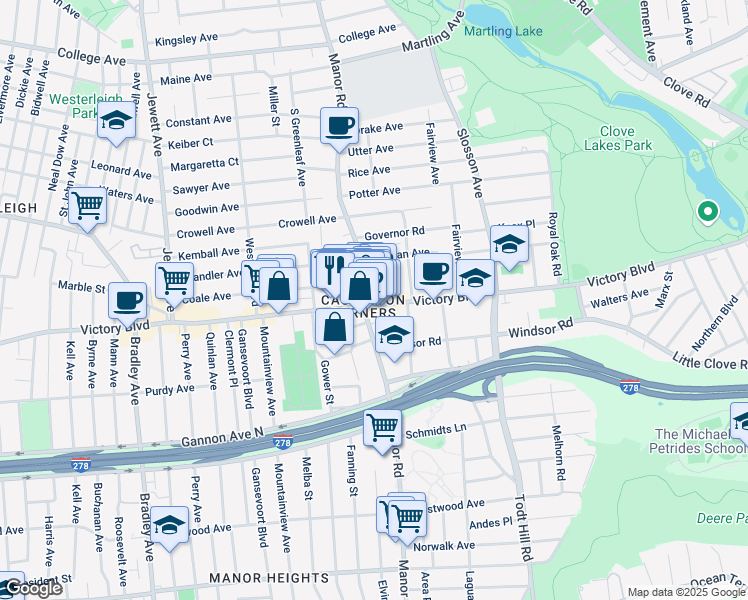 map of restaurants, bars, coffee shops, grocery stores, and more near 551 Manor Road in Staten Island