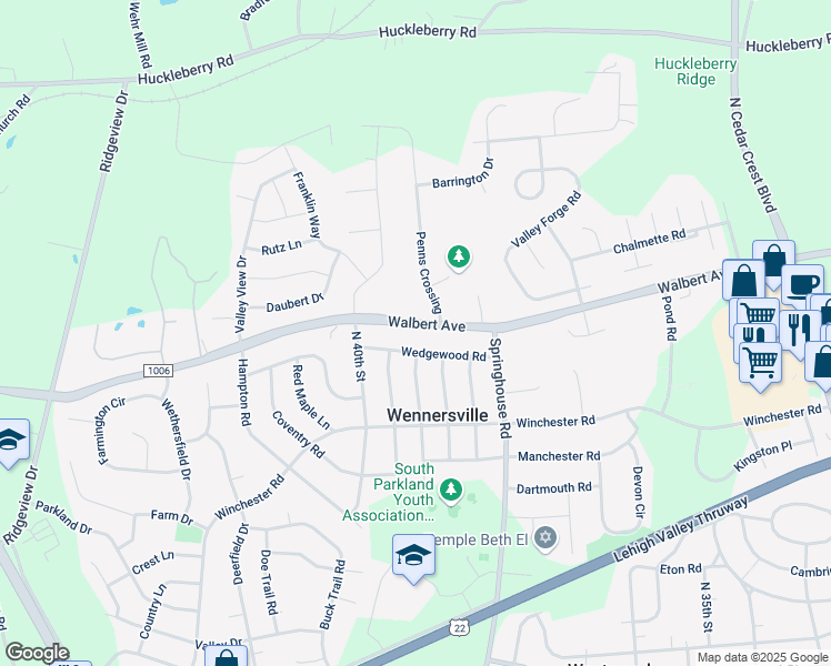 map of restaurants, bars, coffee shops, grocery stores, and more near 3906 Walbert Avenue in Allentown