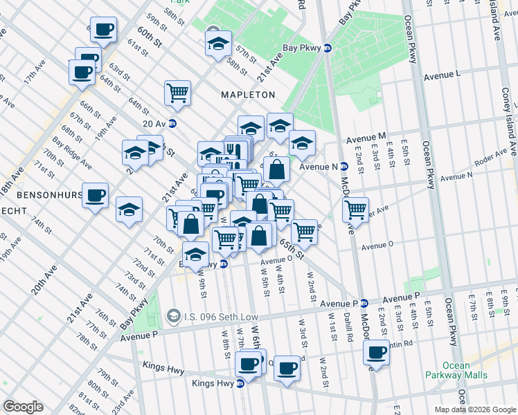 map of restaurants, bars, coffee shops, grocery stores, and more near 2225 64th Street in Brooklyn