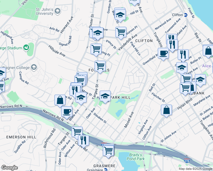 map of restaurants, bars, coffee shops, grocery stores, and more near 545 Targee Street in Staten Island