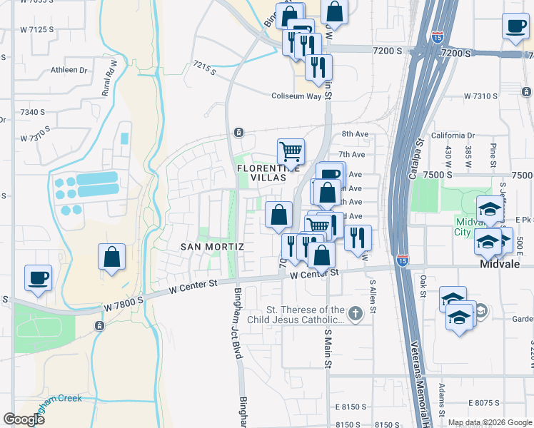 map of restaurants, bars, coffee shops, grocery stores, and more near 853 Cannara Way in Midvale