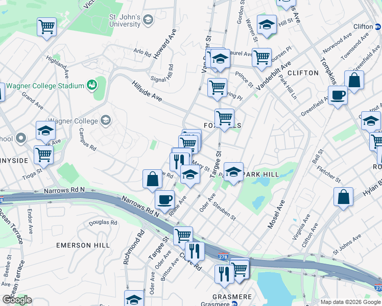 map of restaurants, bars, coffee shops, grocery stores, and more near 127 Richmond Road in Staten Island