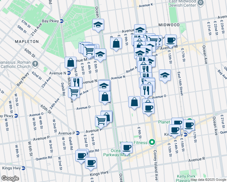map of restaurants, bars, coffee shops, grocery stores, and more near 1453 Ocean Parkway in Brooklyn