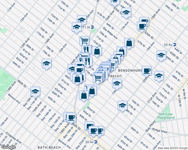 map of restaurants, bars, coffee shops, grocery stores, and more near 1729 76th Street in Brooklyn